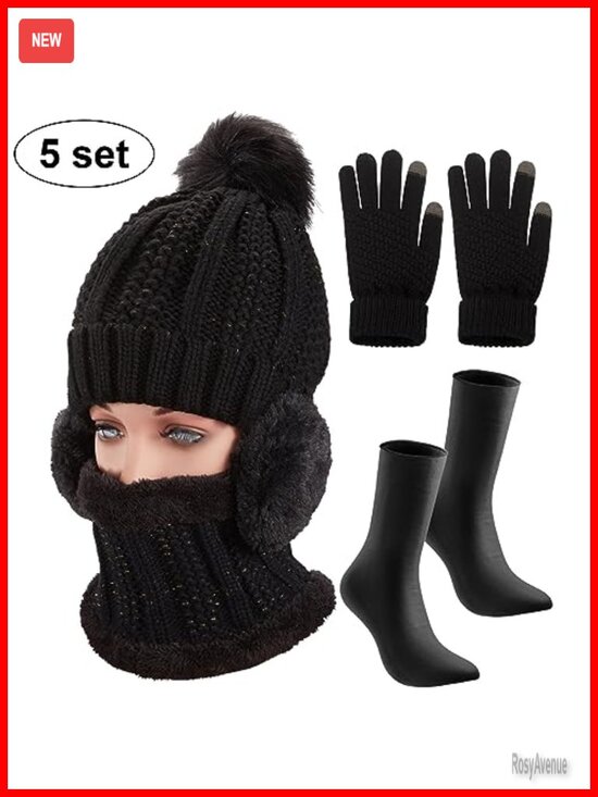 Winter Hat Scarf Gloves Set Fleece Lined Knit Beanie Touch Screen Gloves main image 4